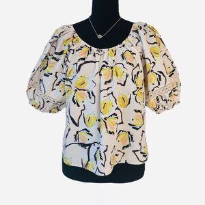 VELVET ~ Light Gray/Blue Puff Sleeve Blouse w/Yellow and Black Floral Design